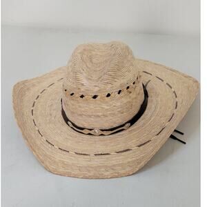 Mexican Palm Leaf Straw Hat Wide Brim Light Tan Black Accent Cowboy Cowgirl Hat